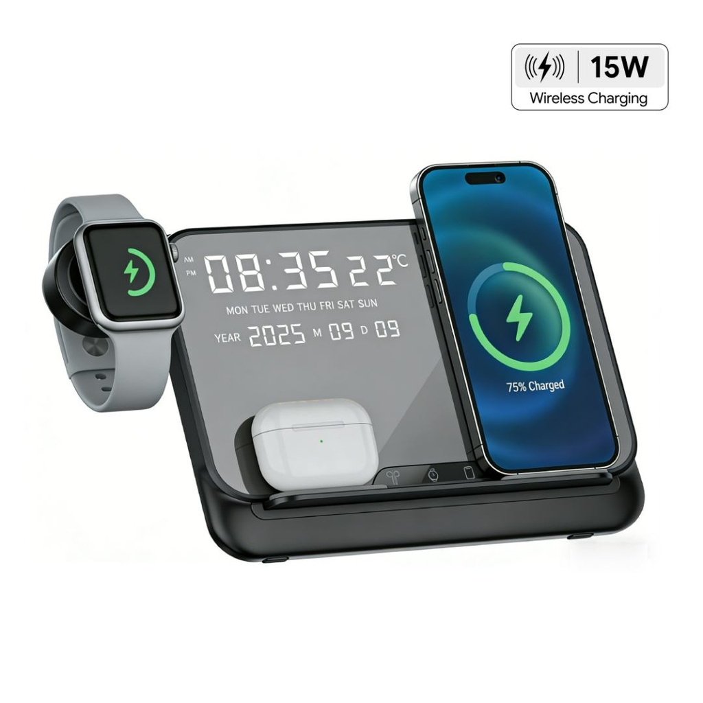 FAROS - @memorii 5 in 1 Wireless Fast Charging Station with Display Clock - Black